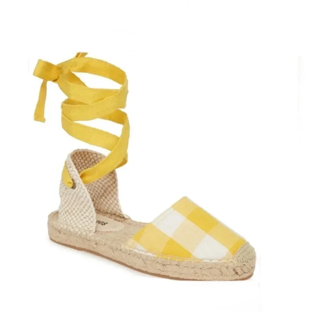 Soludos Lauren Espadrilles Size 7 Plaid Marigold Ankle Wrap Ties Jute EUC